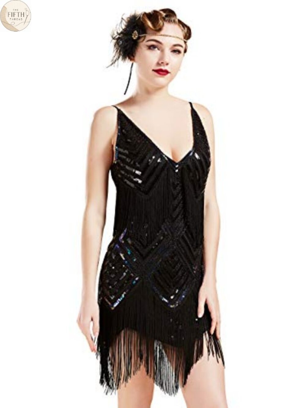 1920s Flapper Dress V Neck Sequin Fringe Bodycon Midi Great Gatsby Party